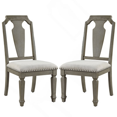 Set Of 2 Side Chairs With Linen Padded Seat, Beige And Weathered Oak