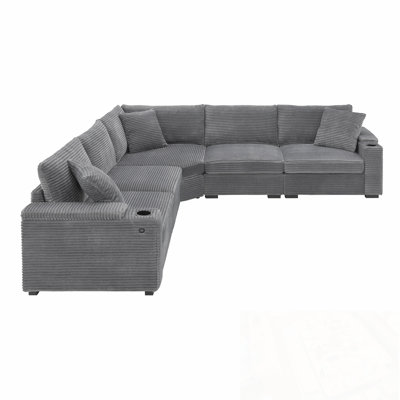 L Shaped Corduroy Sectional Sofa With Armrest Storage, Cup Holders And USB Charger