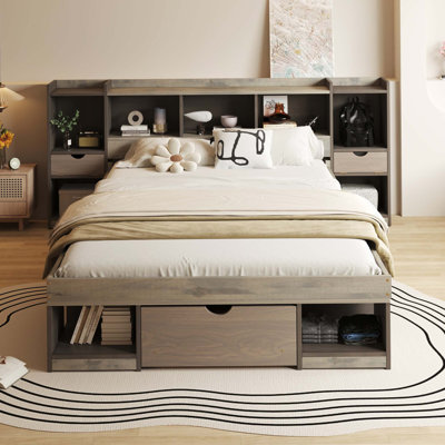 Queen Wood Platform Bed with Multi-storage Headboard and a Drawer -  Latitude RunÂ®, 4913BBFAD97D4A6BAAE291ADFA2F947E