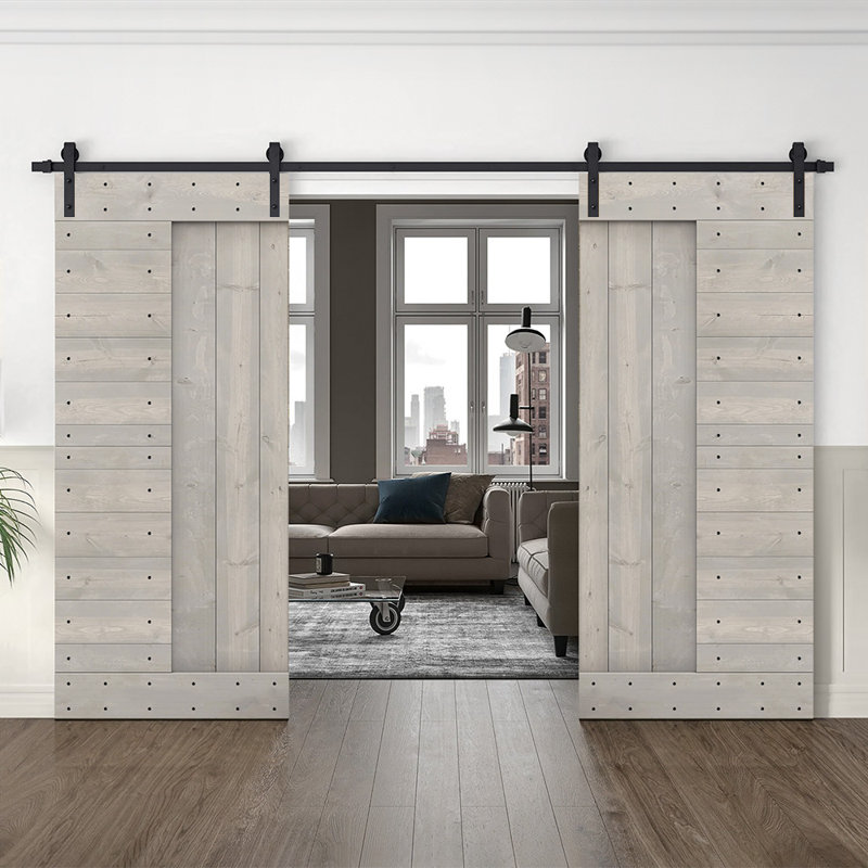 Porte de grange en bois à panneaux avec trousse de quincaillerie d'installation, 48 po x 84 po, Gris argenté