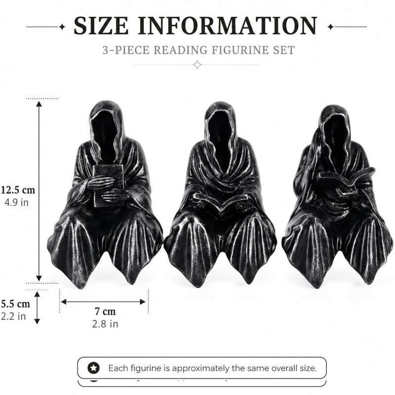 Ensemble de 3 sculptures d'intérieur gothiques en résine représentant un lecteur à capuchon, Noir et argenté