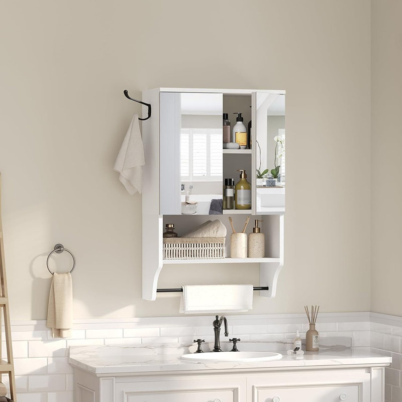 Armoire de salle de bain murale blanche à 2 portes avec miroir, tablette et porte-serviettes