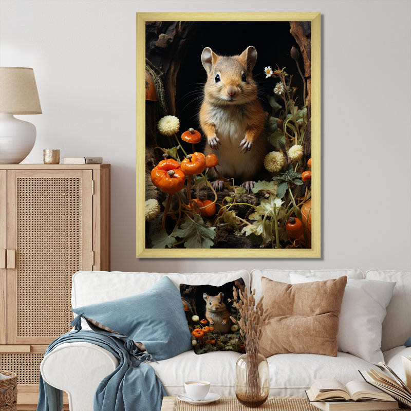 Mignon rongeur en fleurs - reproduction d'art mural, Encadrement doré, H 40 po x l 30 po x P 1,5 po