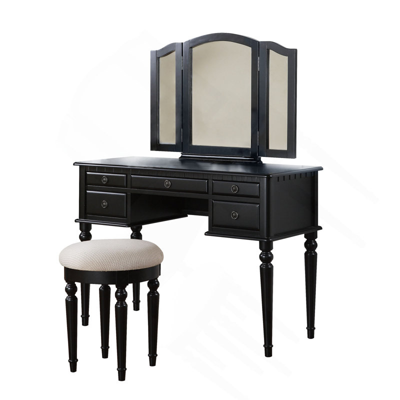 Bedroom Contemporary Vanity Set W Foldable Mirror Stool Drawers