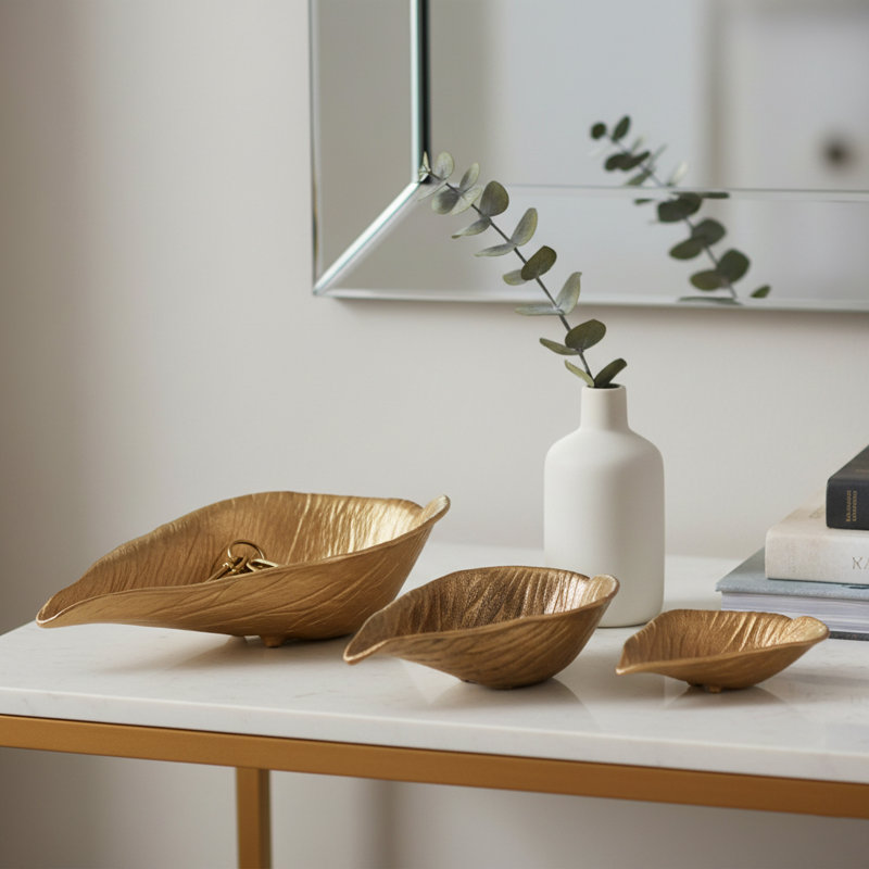 Bol décoratif décoratif à feuilles texturées en métal pour décoration intérieure - Bol décoratif moderne glamour pour chambre à coucher, salle de bain ou salon - ensemble de 3, 18 po, 15 po, 12 po, doré