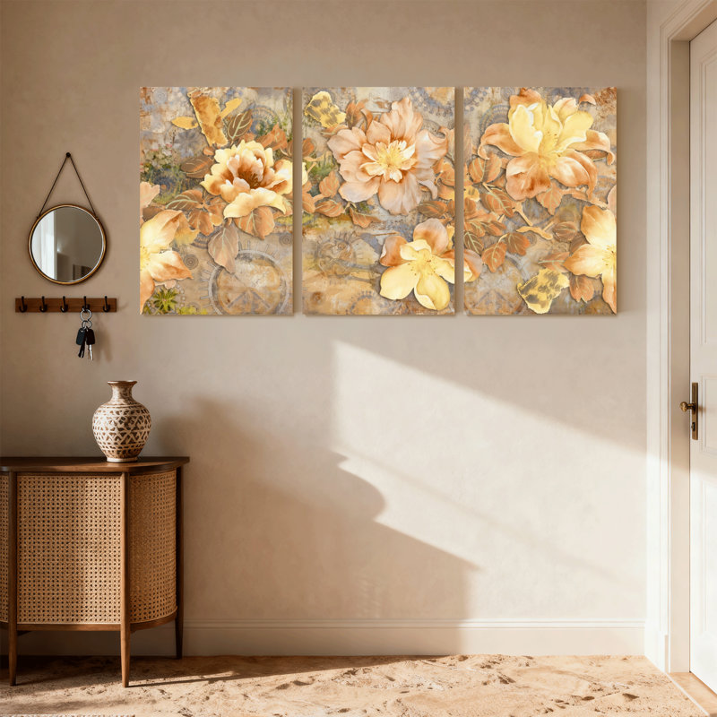 Ensemble de 3 impressions sur toile tendance à motif floral avec tons chauds et éléments rétro, H 36 po x l 72 po