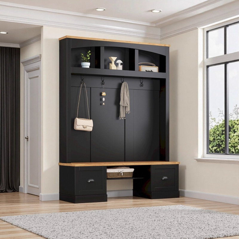Arbre d'entrée 4-en-1 Farmhouse avec banc à grain de bois et tablettes réglables, portemanteau noir multifonctionnel pour le salon du vestibule