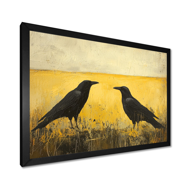 2 corbeaux au bord du champ II - oiseau, art mural, H 24 po x l 32 po, Cadre simple, Noir