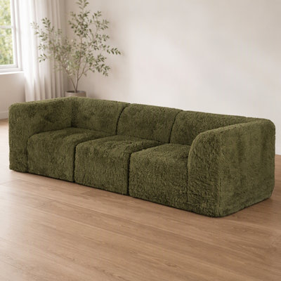 Canapé modulaire en mousse haute densité compressée et fausse fourrure vert olive, fauteuil sans accoudoirs, 2 éléments d'angle