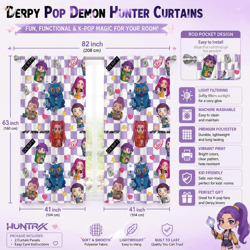 82 x 63 pouces Kpop Demon Hunters, rideaux pour filles / garçons, ensemble de panneaux pour enfants