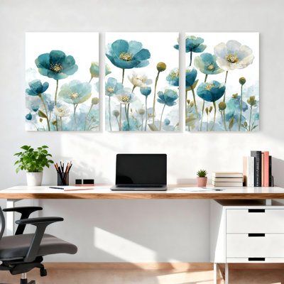 «Teal Poppy Flowers», art mural tendu sur toile, impression florale pour le salon