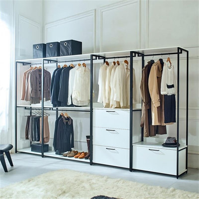  White Freestanding Walk in Closet System with Metal Frame and Wood Finish