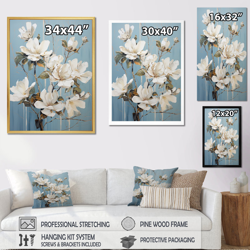 «Elegant White and Blue Magnolias Tranquility VII», reproduction sur toile, Cadre simple argenté, H 20 po x l 12 po x P 1 po