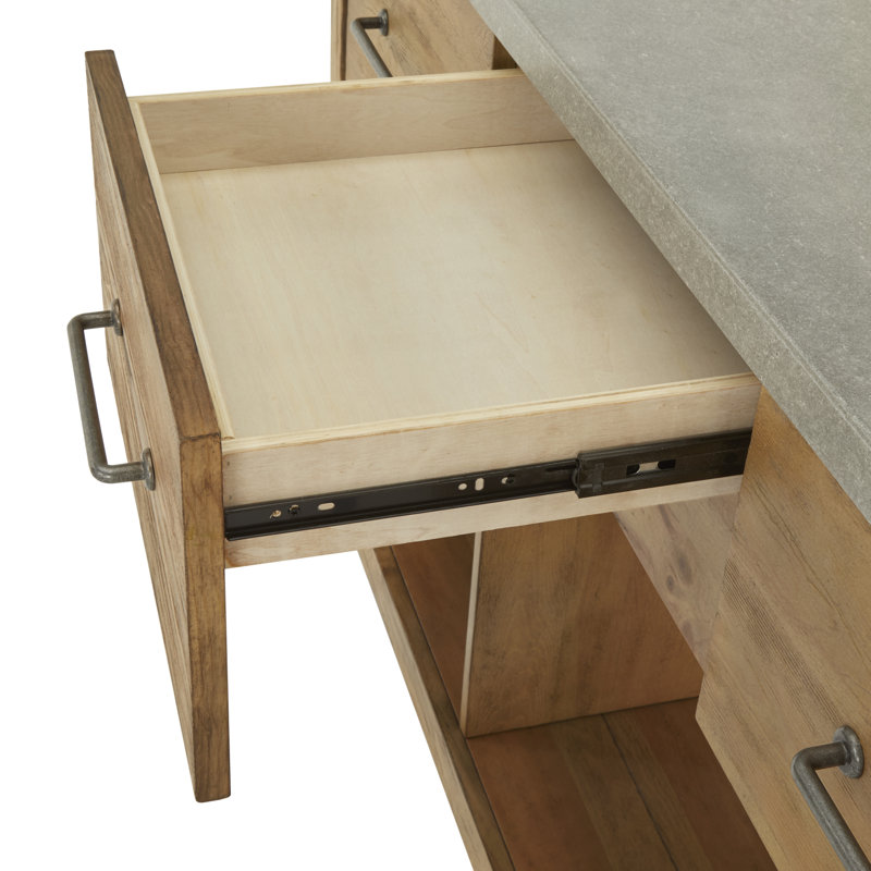 Îlot de cuisine rectangulaire en pin 3 tiroirs Tinka, Placage de béton, Naturel