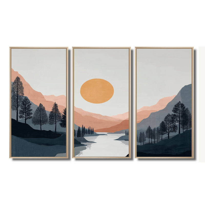Ensemble de salon d'art mural côtier Sunsetter River Drift Mountains, H 40 po x l 60 po, Reproduction avec cadre flottant