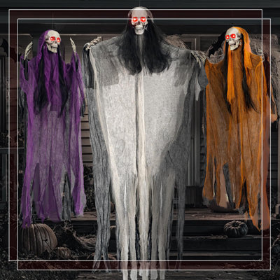 Halloween Light-Up Hanging Skeleton Ghost Set (3 Pcs) - Multi-Size (59In/35.5In), Glowing Eyes, Adjustable Arms, Foldable For Storage, Outdoor Indoor Decor