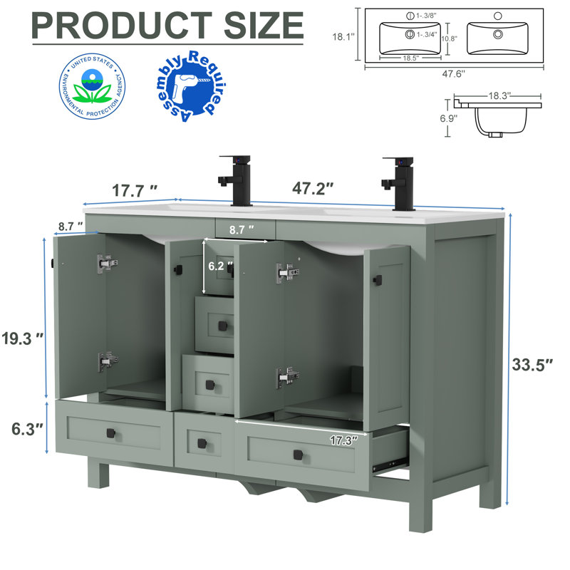Wimer 48" Double Sink Bathroom Vanity With Resin Sink Top, Assembly Required, Hand Painted, Soft-close Door Hinges, Epa Certificate