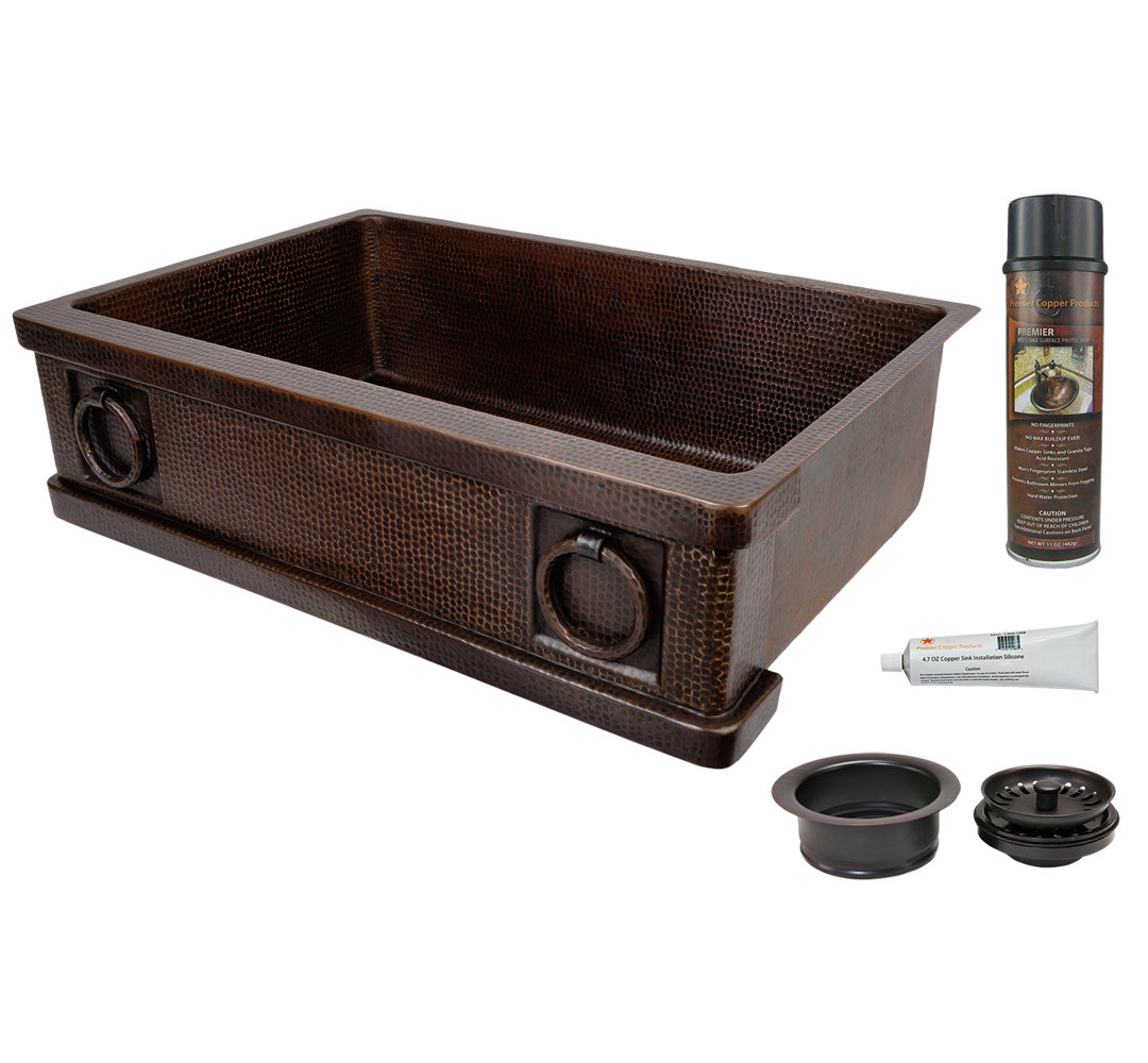 33" Hammered Copper Kitchen Apron Single Basin Sink w/ Rings with Matching Drain and Accessories Premier Copper Products