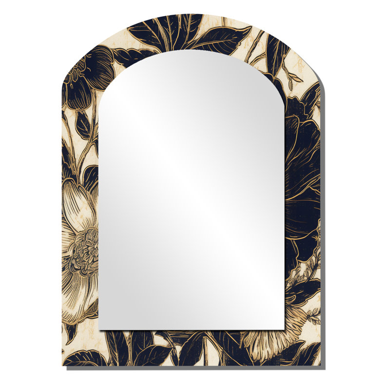 «Blue Gold Carnation Flower II» - grand miroir mural asymétrique, œillets traditionnels, impression sur métal, 34 po x 25 po