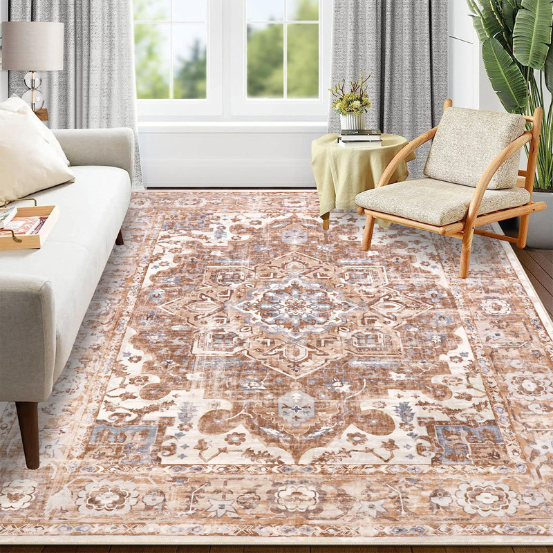 Tapis oriental neutre en fausse laine lavable antidérapant, Rectangle 5 pi x 7 pi