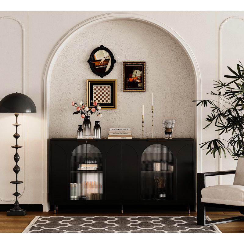 4 Glass Doors Accent Cabinet: Black Lacquered Wooden Storage For Entryway, Living Room Cabinet Lacquered: Various Rooms. , Vintage Look, Adjustable Shelves