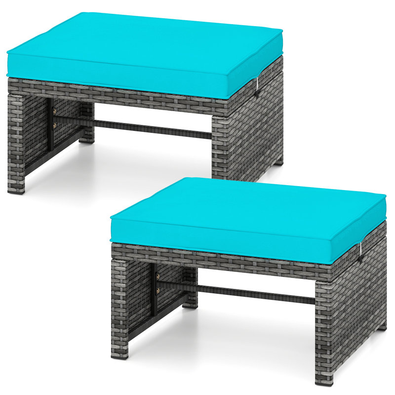 Repose-pieds 2 pièces en rotin PE avec coussins à fermeture à glissière pour terrasse Turquoise, Turquoise
