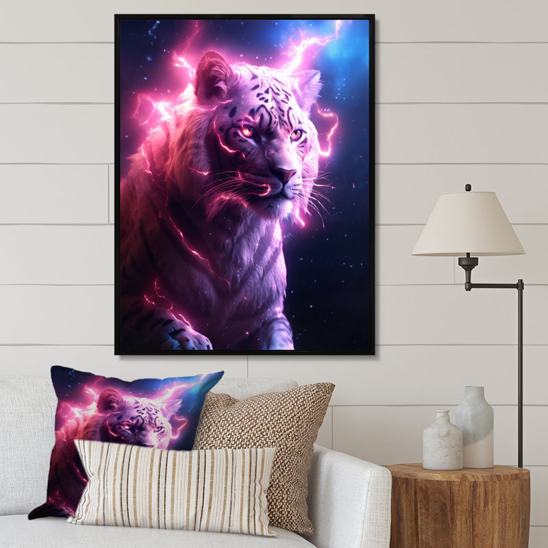 Tigre de rose éclairant sur toile, H 32 po x l 16 po x P 1 po, Cadre flottant noir