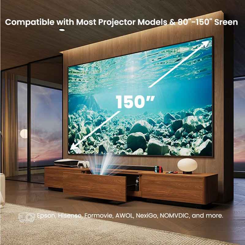 126'' Modern Electric Walunt Color TV Stand With Retractable Ultra-Short Throw Projector Platform, Natural