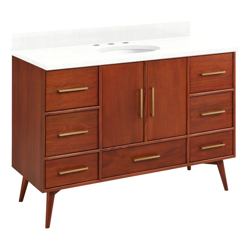 48" Novak Single Bathroom Vanity Set with Oval Undermount Sink, Natural Teak, 8" Widespread, Feathered White Quartz