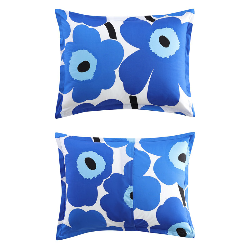 Marimekko Unikko Blue Cotton Reversible Comforter Set, Queen Comforter + 2 Standard Shams