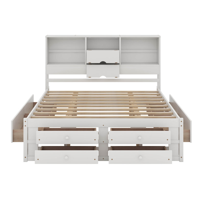 Queen Size Platform Bed With Drawers, White
