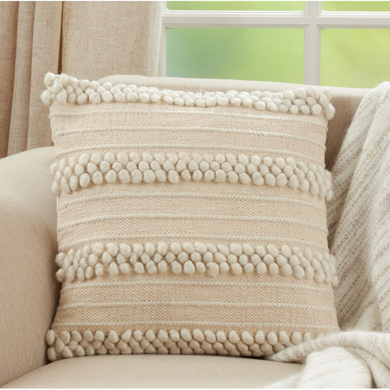 Ivory Pom Pom Striped Square Throw Pillow with Down Filling