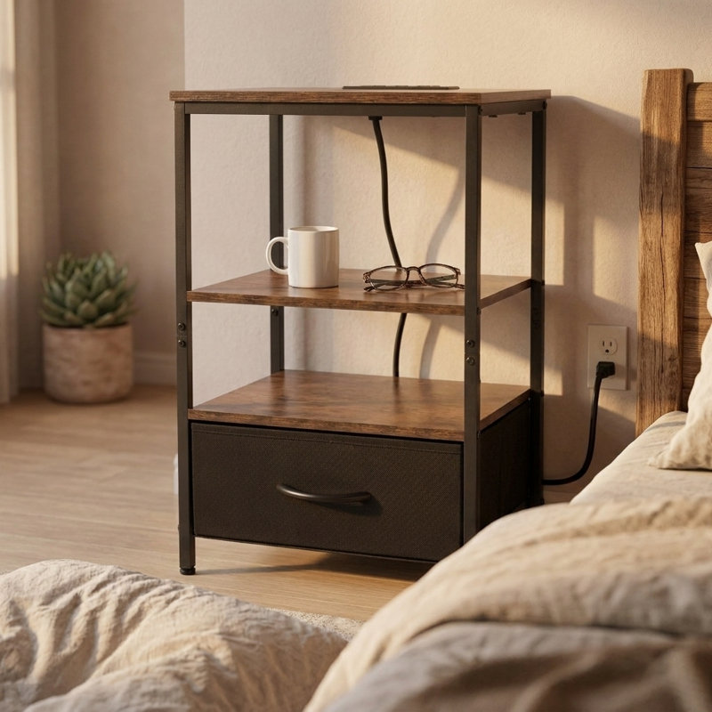 Modern Nightstand With Charging Station & Adjustable Fabric Drawer, 3-tier Storage End Table For Bedroom & Living Room, Black
