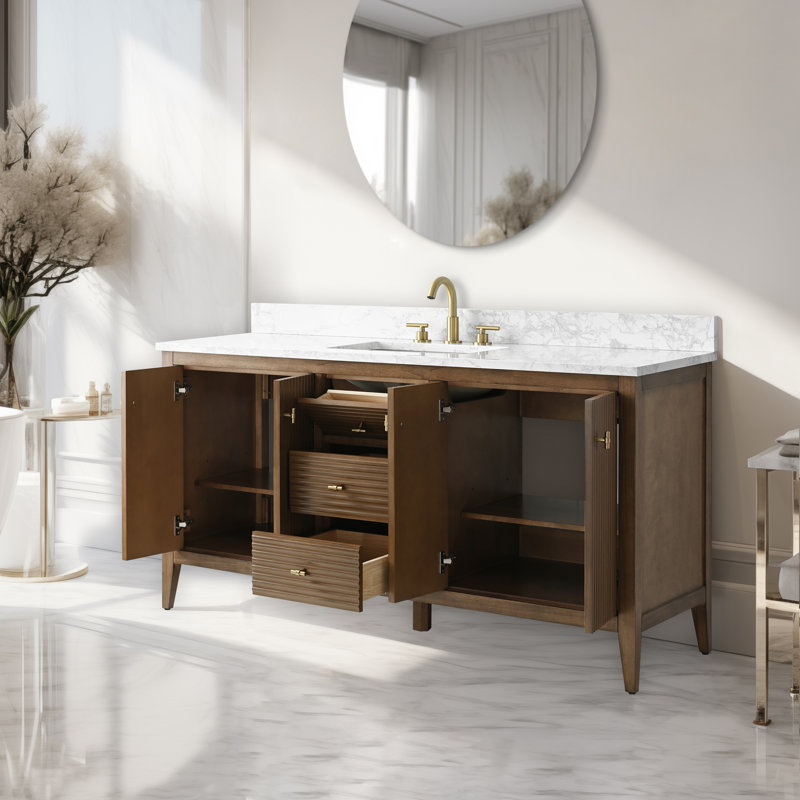 60'' Single Bathroom Vanity with Engineered Marble Top, Golden Brushed, Linear Walnut