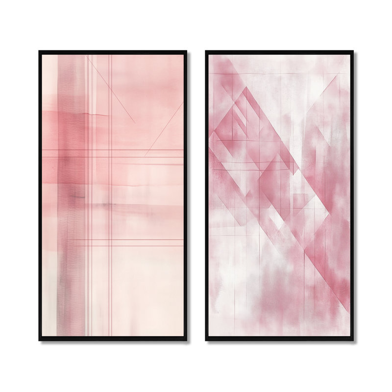 Blush, art mural abstrait 2 pièces, toile géométrique rose, grille Blush, H 40 po x l 40 po, Cadre flottant noir