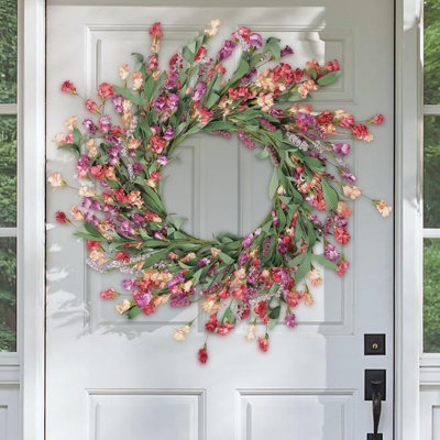 24-inch Spring & Summer Front Door Wreath – Red, Orange & Purple Floral All-season Decor