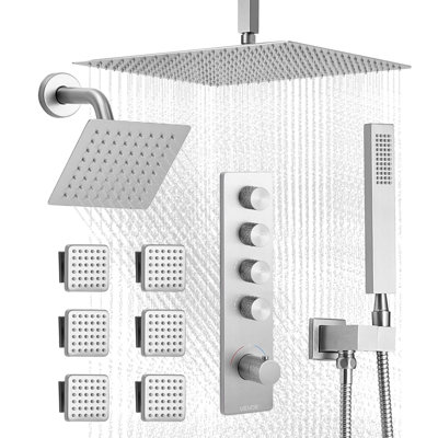Ensemble de robinet de douche, système de douche de pluie thermostatique de plafond de 16 pouces avec tête de fixation murale de 6 pouces, 6 jets de corps et douchette, valve de pluie double en laiton et ensemble de garniture, nickel brossé