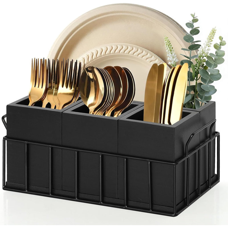 Wood Utensil Holder with 4 Removable Compartments,Black