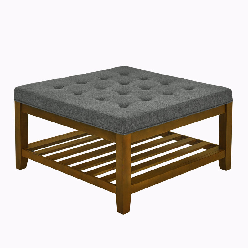 Upholstered  34.25"Square Coffee Table with Beech Wood Shelf and Frame, Dark Gray