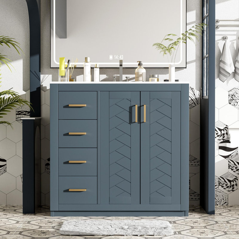 Meuble-lavabo 36 po avec lavabo en céramique, Bleu / doré