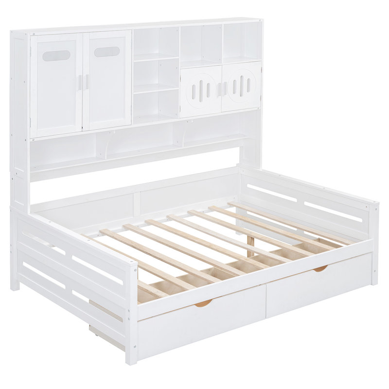  Latvina wooden daybed with storage and shelves, Double, Blanc