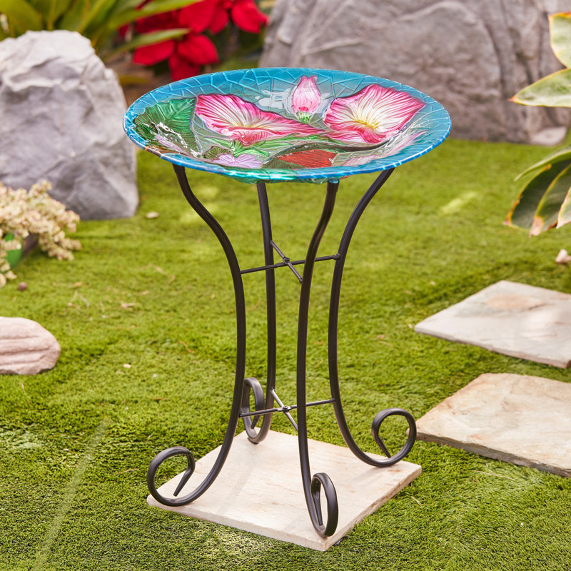 Hummingbird Floral Glass Birdbath with Metal Stand