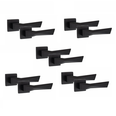5 Pairs Modern Aura Premium Design Door Handles on Square Rose in Satin Nickel Finish with 3" Ball Bearing Hinges and 2.5" Tubular Latch
