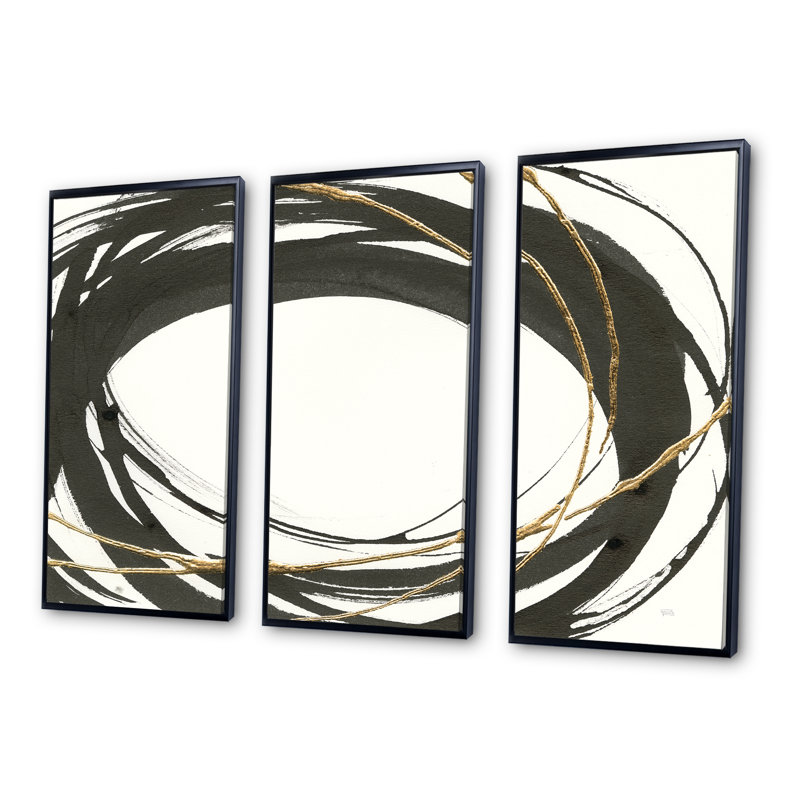 «Gold Glamour Circle II - Posh & Luxe», ensemble de 3 toiles encadrées, H 28 po x l 36 po x P 1 po, Noir