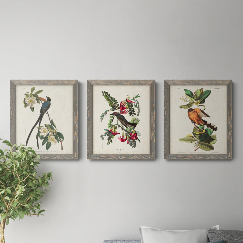 Pl 168 "Moucherolle à queue fourchue", ensemble de 3 peintures sur toile encadrées, H 20 po x l 51 po x P 1,5 po, Gris