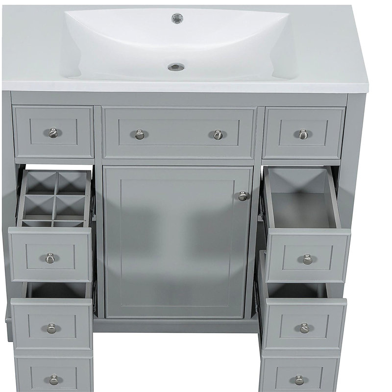 Ensemble de meuble-lavabo de 36 pouces, une armoire avec six tiroirs, bois massif et panneau de fibres à densité moyenne