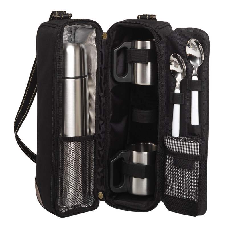 Black Stainless Steel Travel Coffee Tote for 2 with Vacuum Flask and Cups