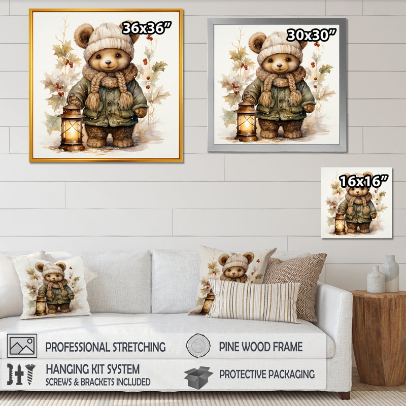 Ours en peluche de Noël II - art mural de l'ours en peluche, Cadre simple noir, H 16 po x l 16 po x P 1 po