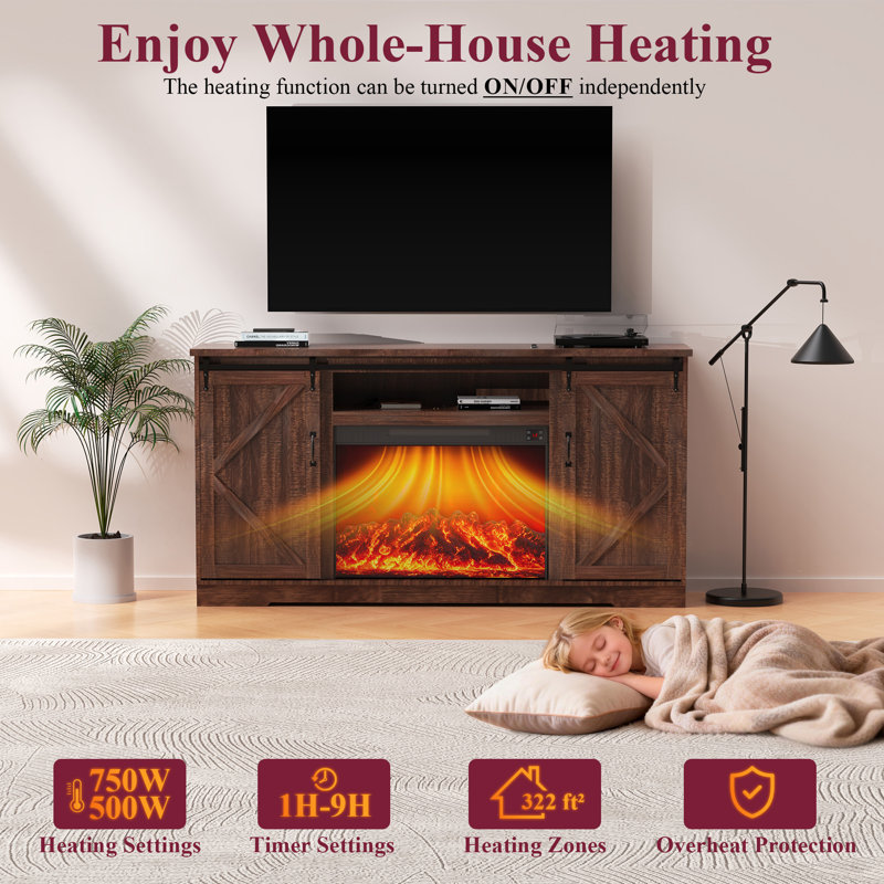 70" TV Stand With Electric Fireplace,Vintage Double Door Fireplace Cabinet For Living Room,Bedroom,Music Player/Entertainment Center, Adjustable Color/Temperature