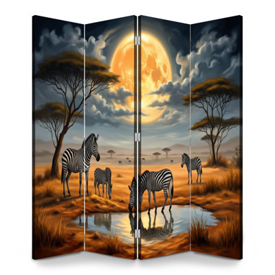 4 panneaux paravent pliable Zèbres royaux Waterhole Under Giant Golden Moon Dramatique nuageux Faune écran en toile Séparateur de pièce Autoportant Cloison de protection Cloison d'intimité
